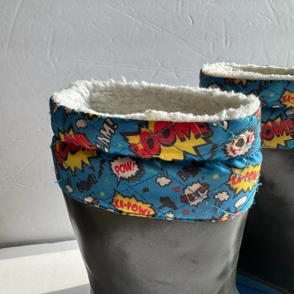 Lily & Dan Kids Comic Book Print Faux Shearling Lined Rain Boots Black Blue 13/1